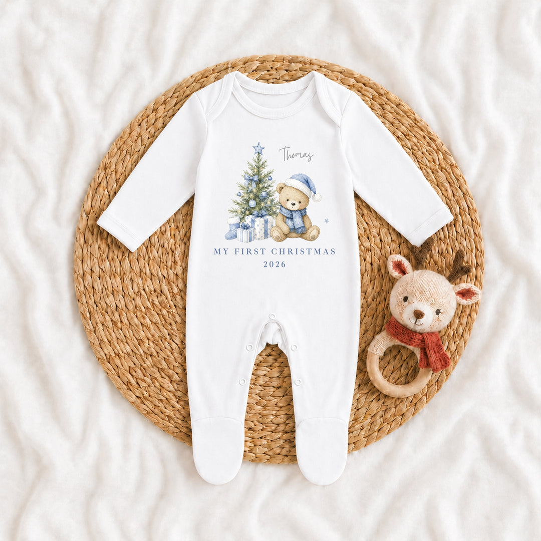 Personalised Blue Bear Tree My First Christmas Baby Grow Or Vest