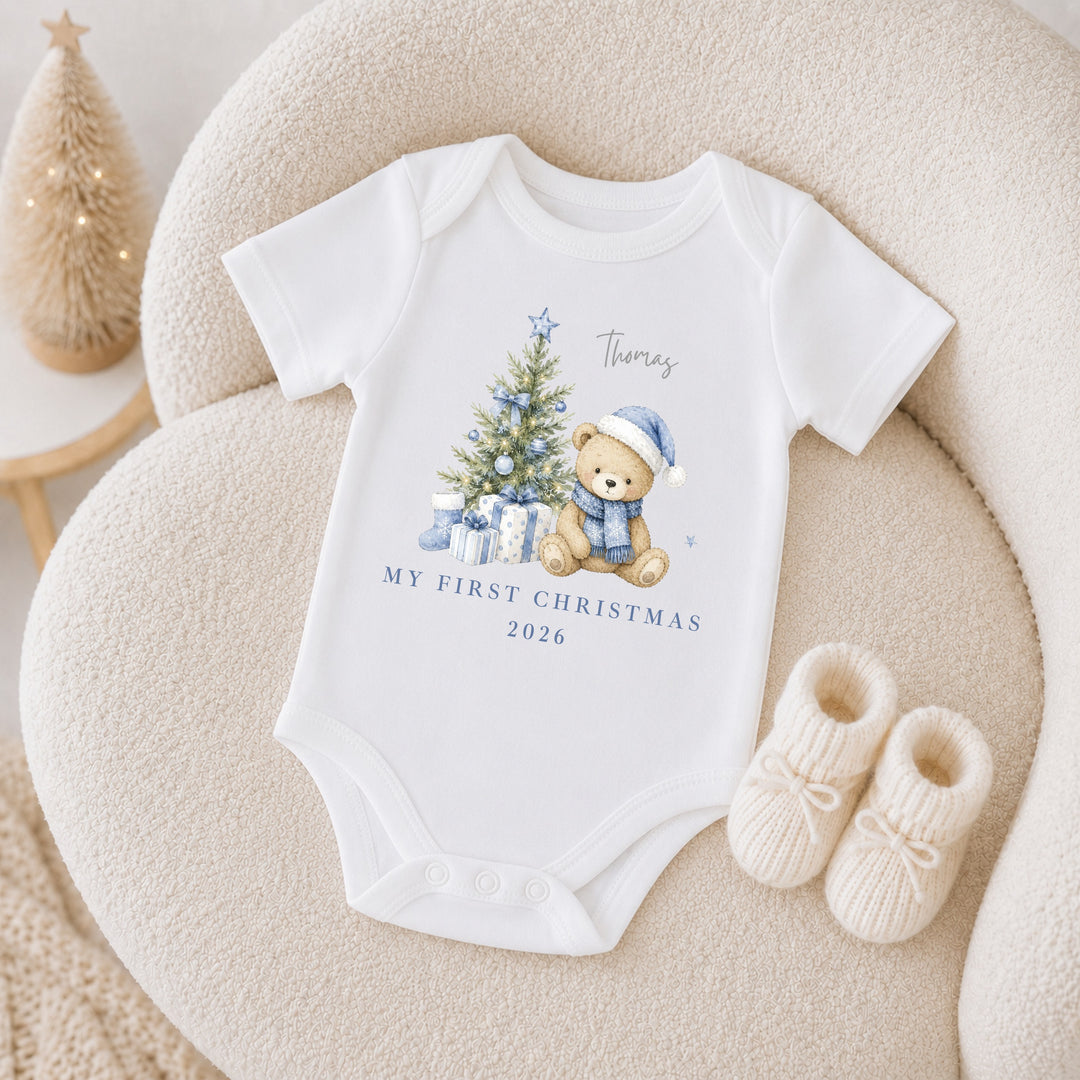 Personalised Blue Bear Tree My First Christmas Baby Grow Or Vest