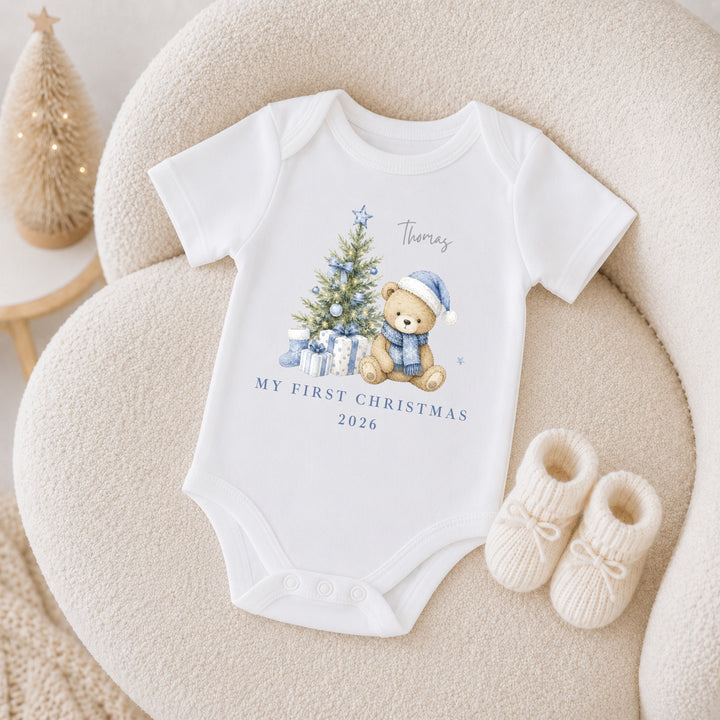 Personalised Blue Bear Tree My First Christmas Baby Grow Or Vest