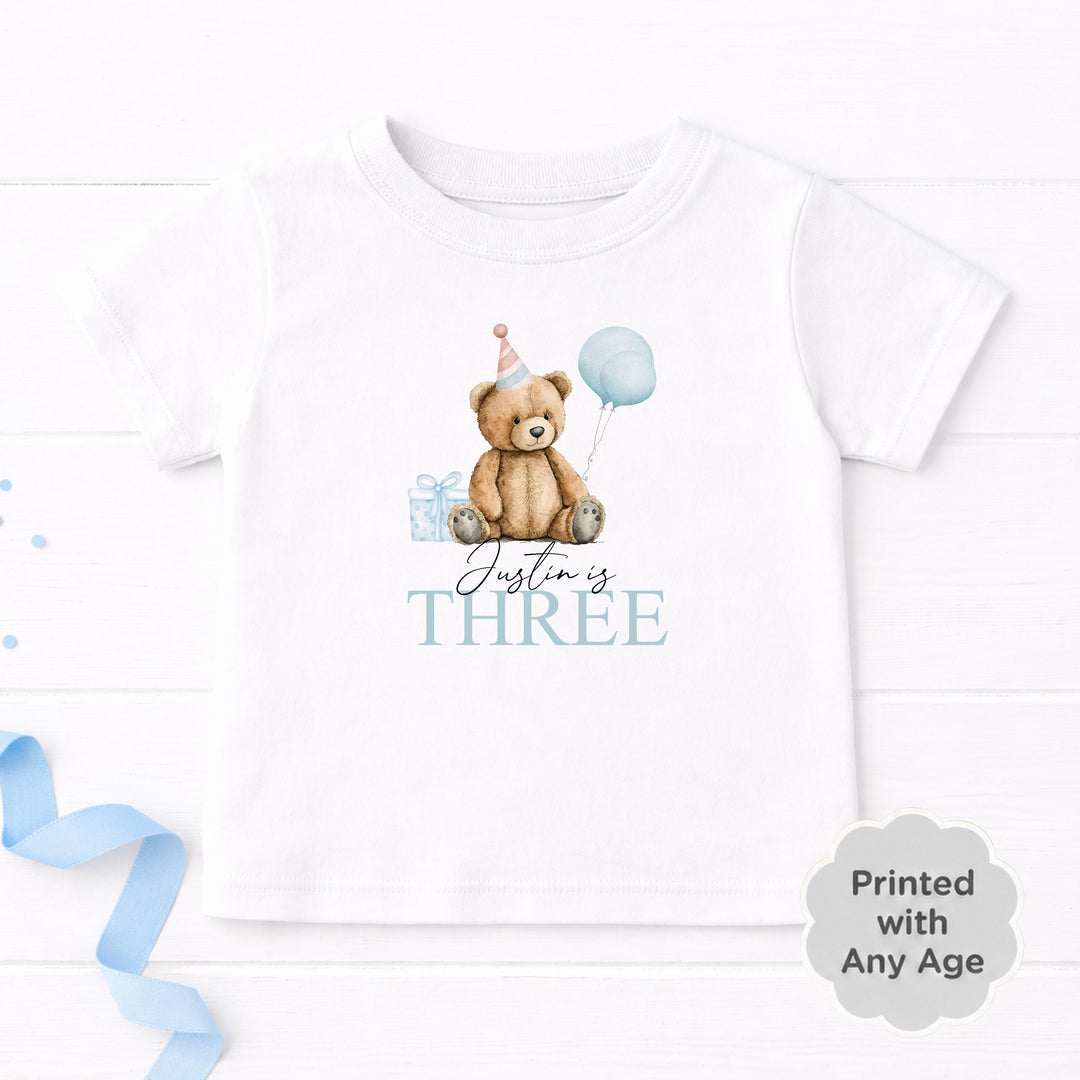 Personalised Blue Teddy Any Age Birthday Boy T-shirt