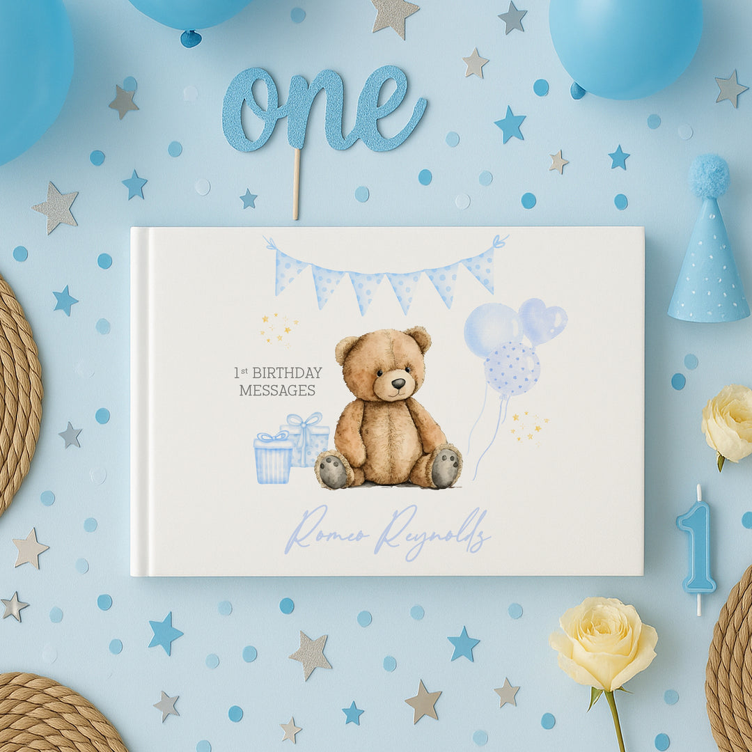 Personalised Blue Teddy Birthday Party Guest Book