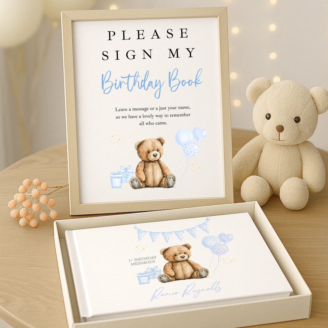 Personalised Blue Teddy Birthday Party Guest Book