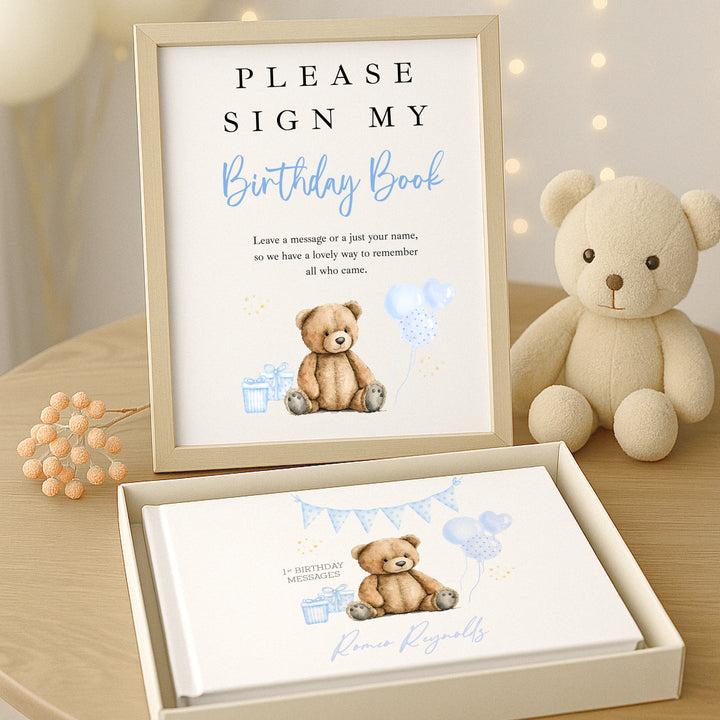 Personalised Blue Teddy Birthday Party Guest Book