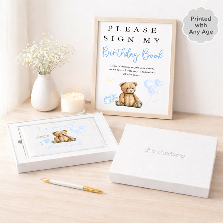 Personalised Blue Teddy Any Age Birthday Party Guest Book