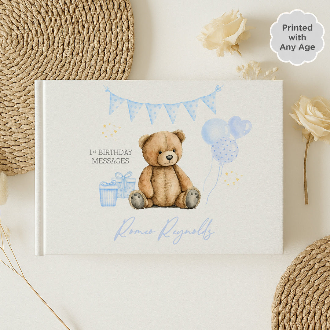 Personalised Blue Teddy Any Age Birthday Party Guest Book