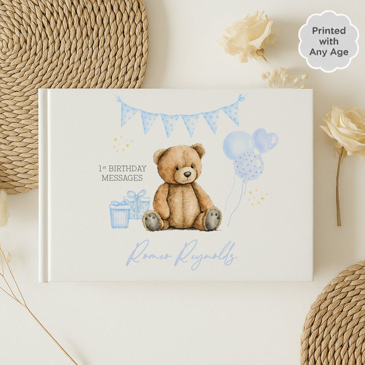 Personalised Blue Teddy Any Age Birthday Party Guest Book