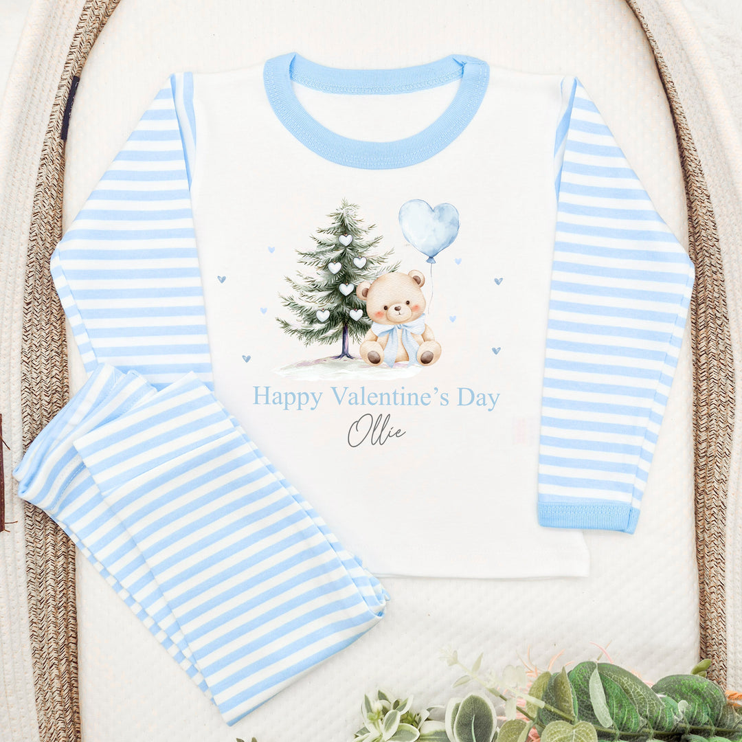 Personalised Blue Bear My First Valentine's Day Blue Stripe Pyjamas