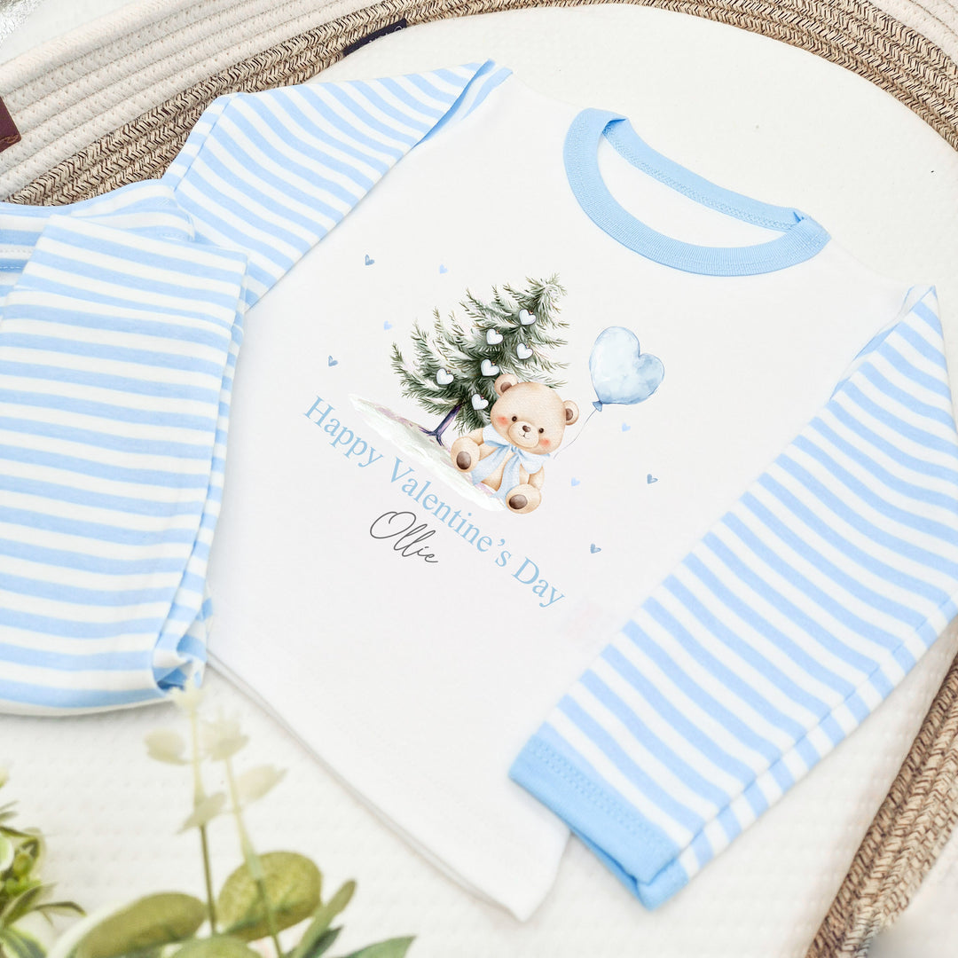 Personalised Blue Bear My First Valentine's Day Blue Stripe Pyjamas