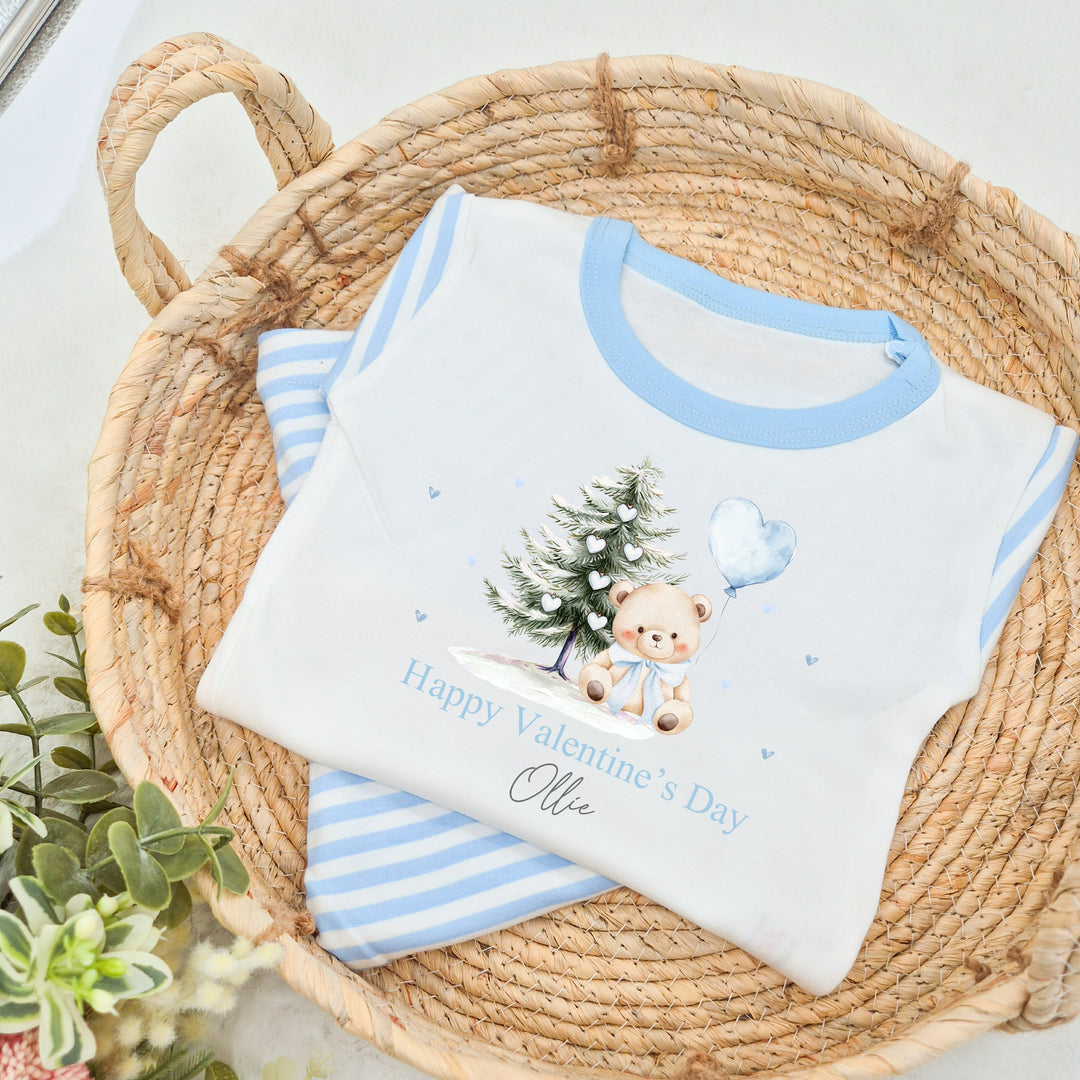 Personalised Blue Bear My First Valentine's Day Blue Stripe Pyjamas
