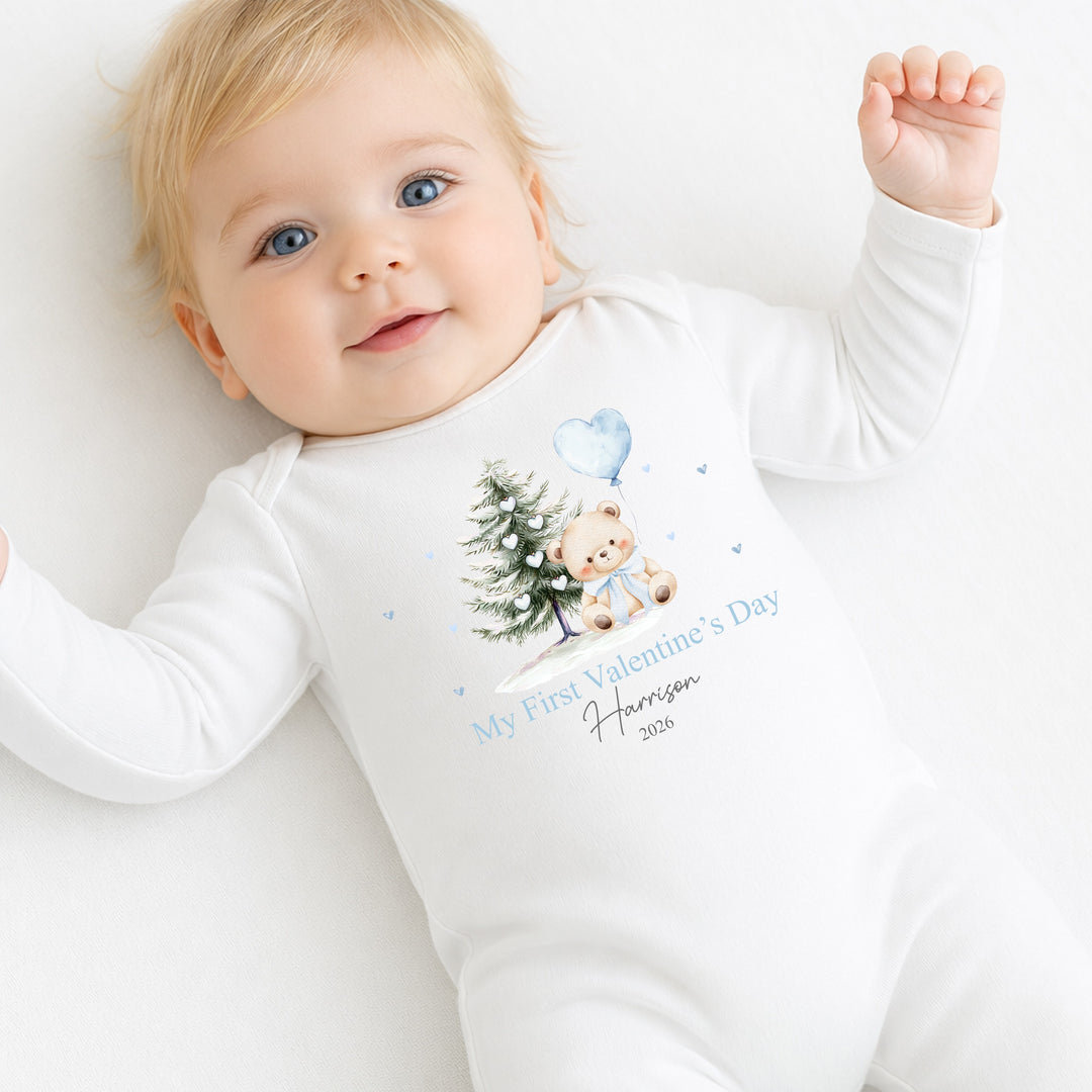 Personalised Blue Bear My First Valentines Day Baby Grow, Vest or Bib