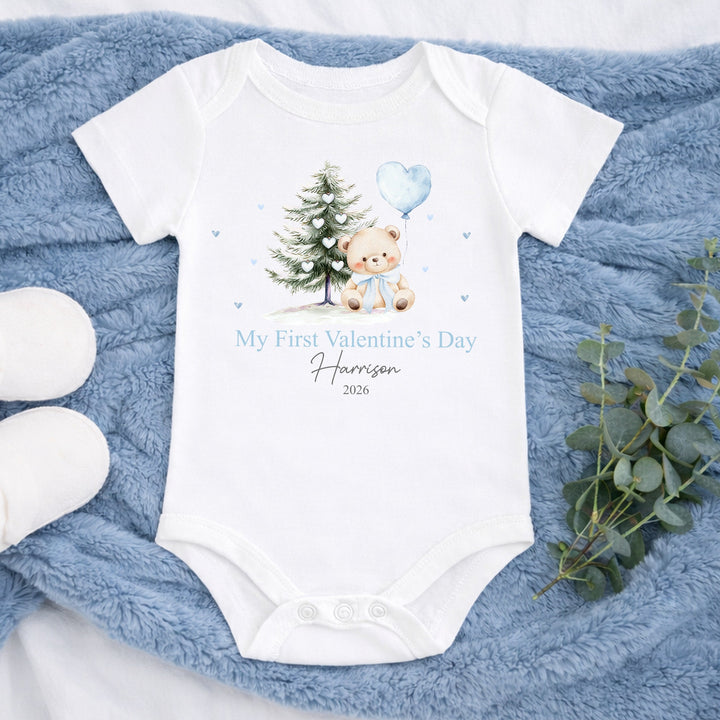 Personalised Blue Bear My First Valentines Day Baby Grow, Vest or Bib