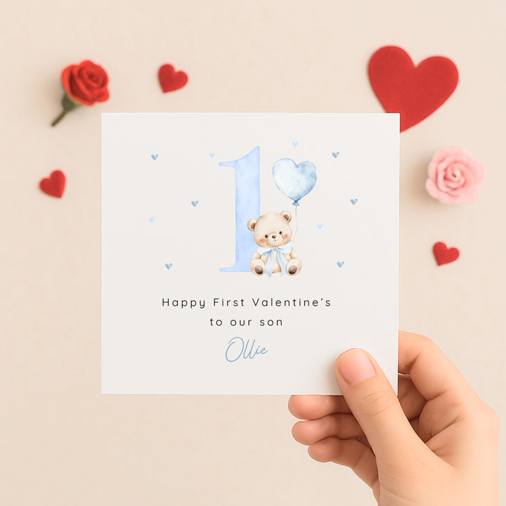 Personalised Blue Bear Happy First Valentine's Day Card