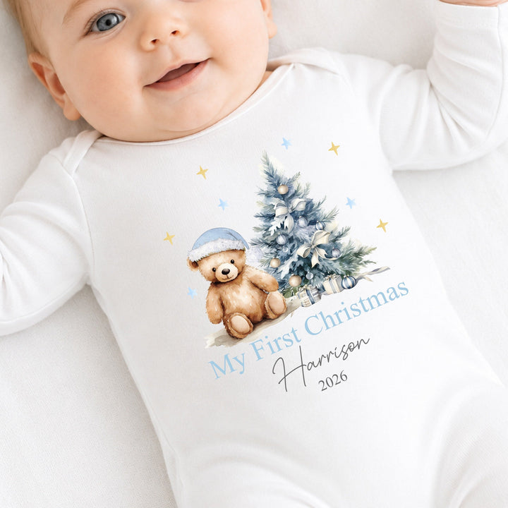 Personalised Blue Teddy Tree My First Christmas Baby Grow, Vest Or Bib
