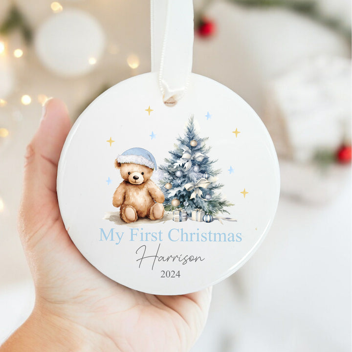 Personalised My First Christmas Blue Teddy Ceramic Ornament