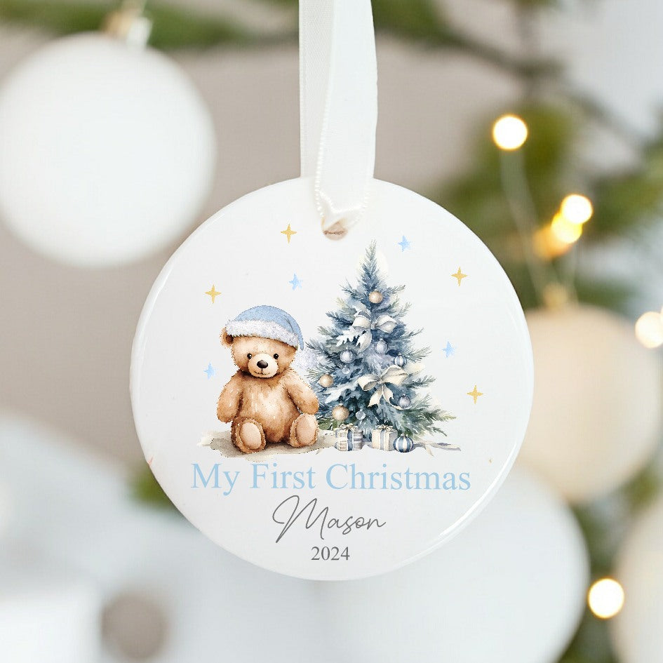 Personalised My First Christmas Blue Teddy Ceramic Ornament