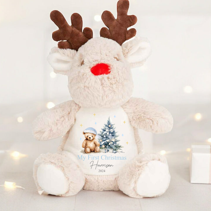 Personalised First Christmas Blue Bear Reindeer/Penguin/Bunny Teddy