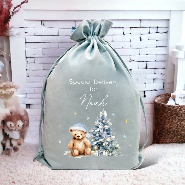 Personalised Blue Teddy Christmas Tree Blue Santa Sack or Stocking