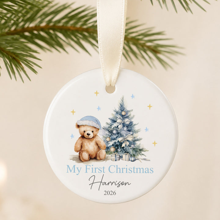 Personalised Pink Teddy Tree Ceramic My First Christmas Bauble