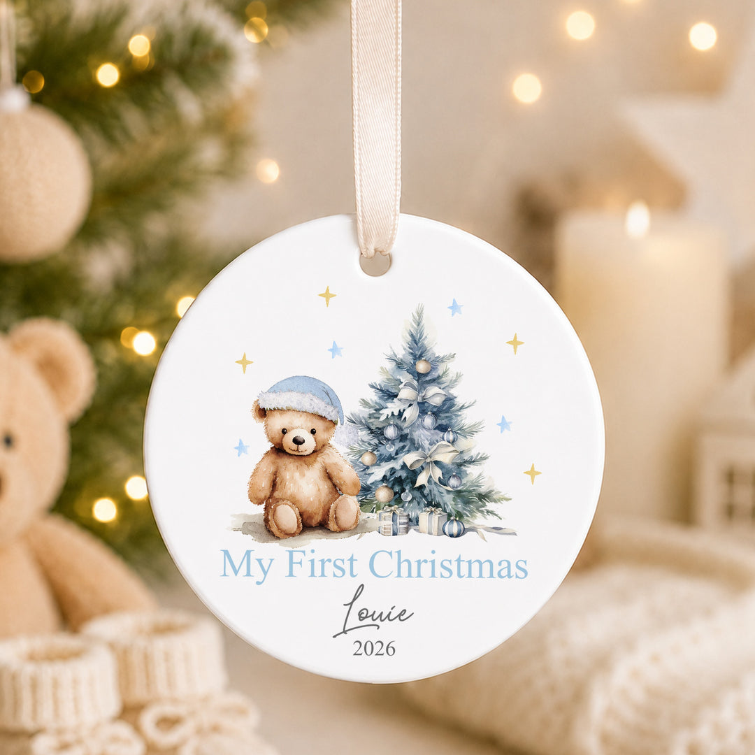Personalised Pink Teddy Tree Ceramic My First Christmas Bauble