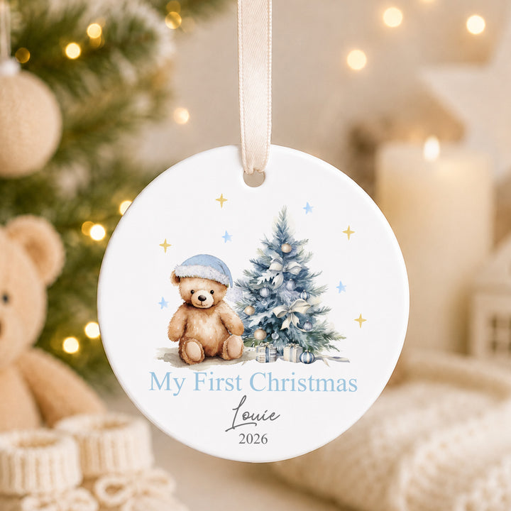 Personalised Pink Teddy Tree Ceramic My First Christmas Bauble