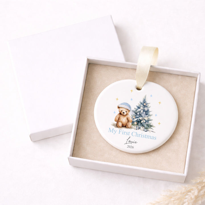 Personalised Pink Teddy Tree Ceramic My First Christmas Bauble