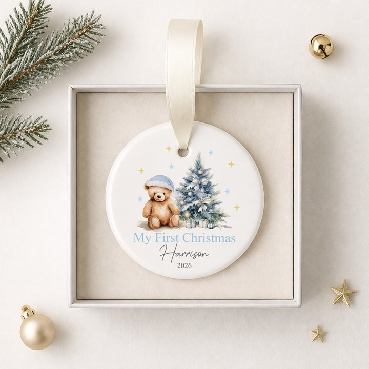 Personalised Pink Teddy Tree Ceramic My First Christmas Bauble