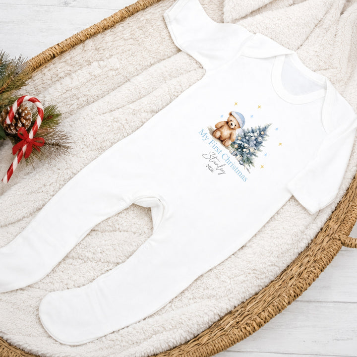 Personalised Blue Teddy Tree My First Christmas Baby Grow, Vest Or Bib