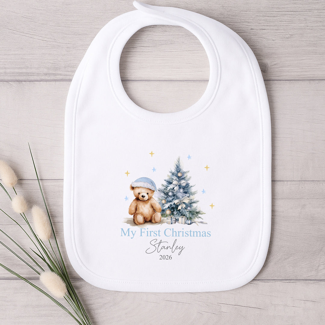 Personalised Blue Teddy Tree My First Christmas Baby Grow, Vest Or Bib
