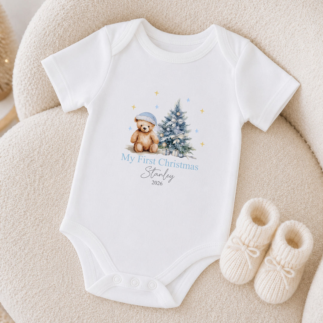 Personalised Blue Teddy Tree My First Christmas Baby Grow, Vest Or Bib