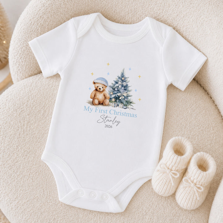 Personalised Blue Teddy Tree My First Christmas Baby Grow, Vest Or Bib