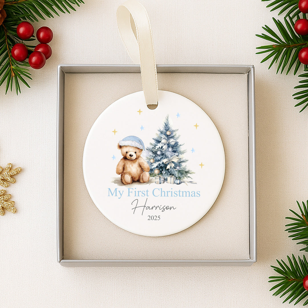 Personalised My First Christmas Blue Teddy Ceramic Ornament