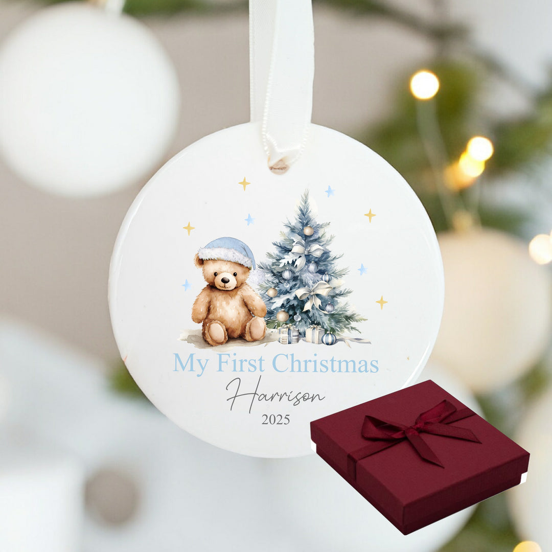 Personalised My First Christmas Blue Teddy Ceramic Ornament