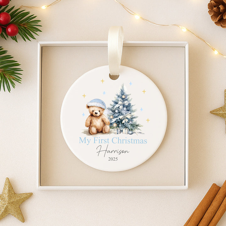 Personalised My First Christmas Blue Teddy Ceramic Ornament