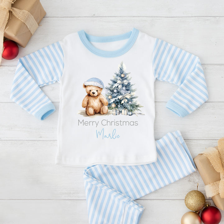 Personalised Merry Christmas Teddy Blue Striped Pyjamas