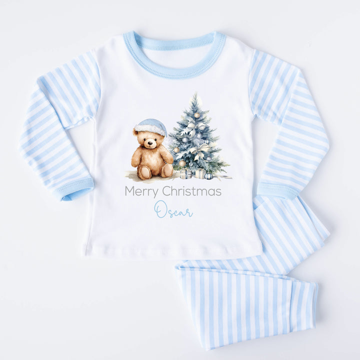 Personalised Merry Christmas Teddy Blue Striped Pyjamas