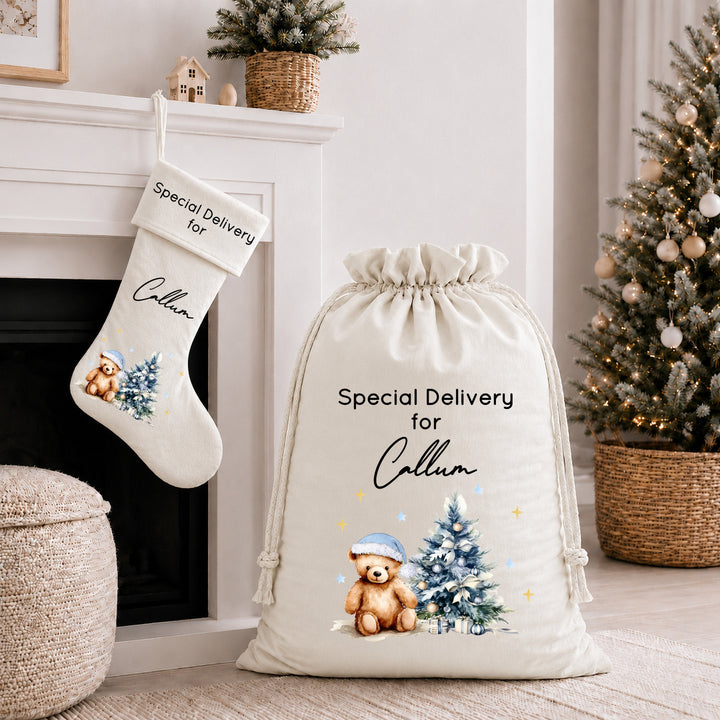 Personalised Blue Teddy Christmas Tree Santa Sack or Stocking