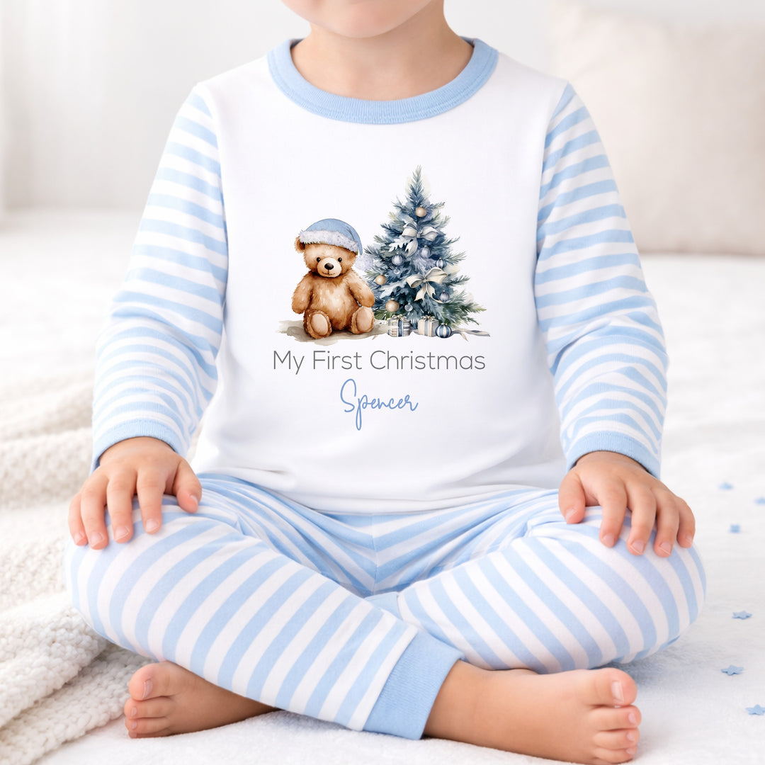 Personalised Blue Teddy Tree My First Christmas Pyjamas