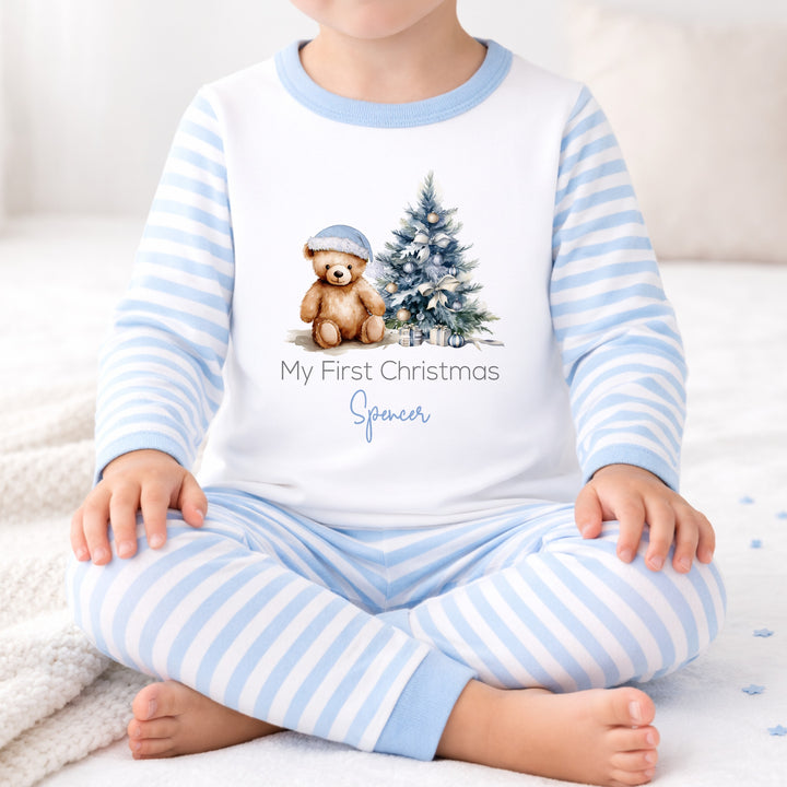 Personalised Blue Teddy Tree My First Christmas Pyjamas