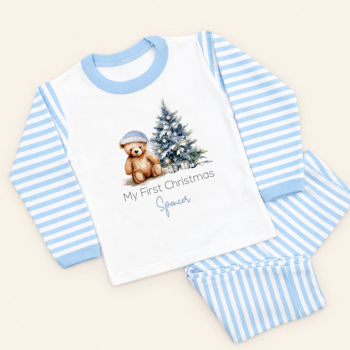 Personalised Blue Teddy Tree My First Christmas Pyjamas