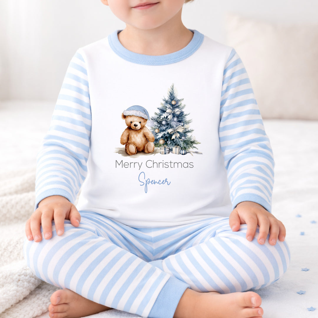Personalised Blue Teddy Tree Merry Christmas Pyjamas