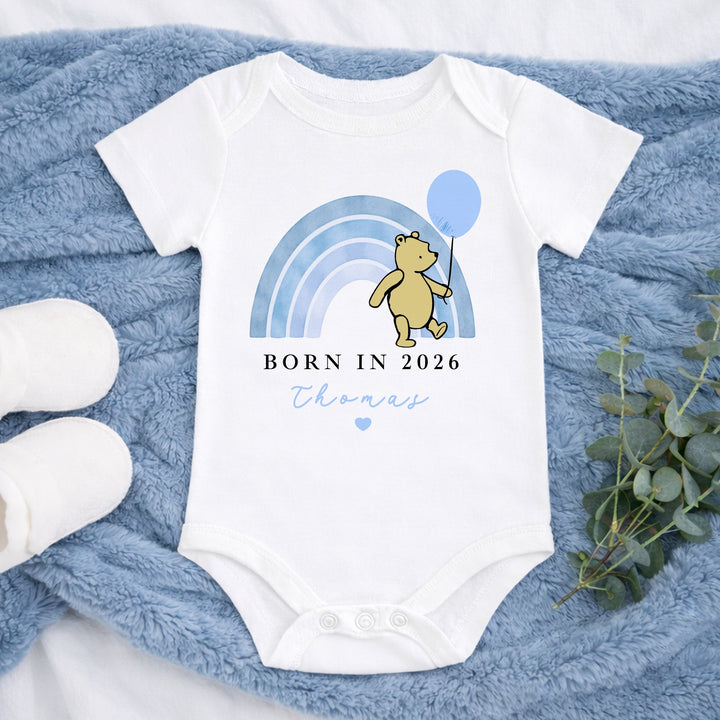 Personalised Blue Pooh Born in 2026 Baby Grow, Vest or Bib