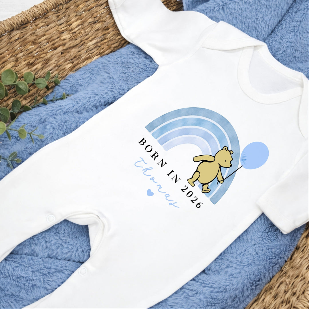 Personalised Blue Pooh Born in 2026 Baby Grow, Vest or Bib