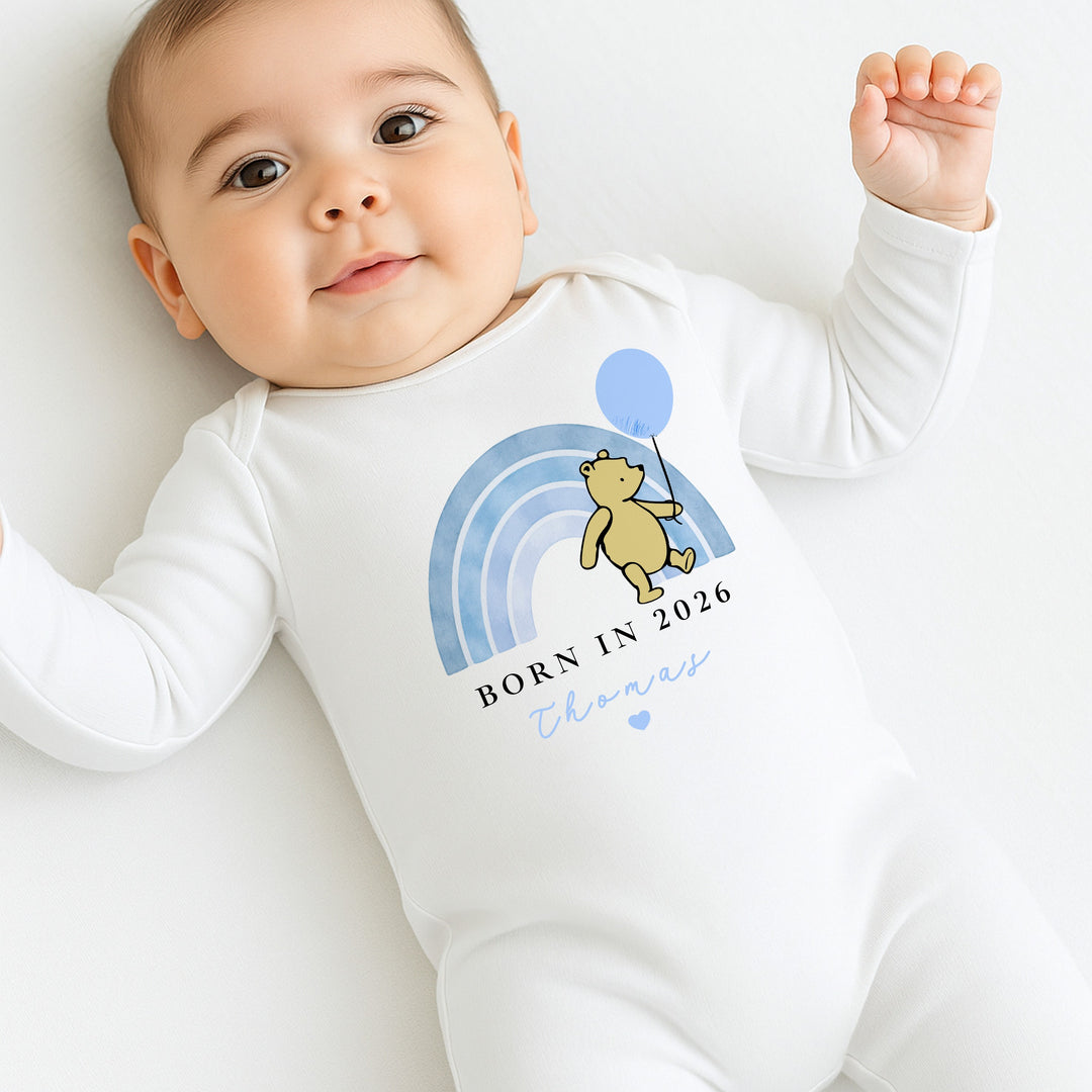 Personalised Blue Pooh Born in 2026 Baby Grow, Vest or Bib