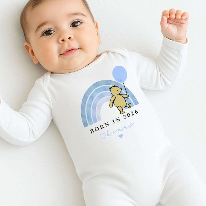 Personalised Blue Pooh Born in 2026 Baby Grow, Vest or Bib