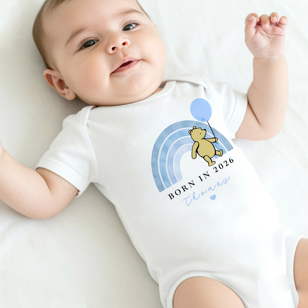 Personalised Blue Pooh Born in 2026 Baby Grow, Vest or Bib