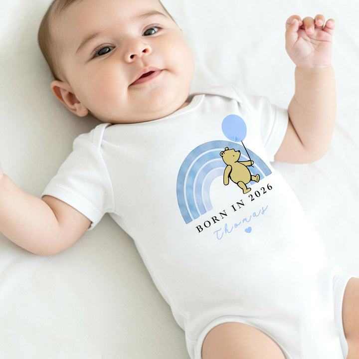 Personalised Blue Pooh Born in 2026 Baby Grow, Vest or Bib