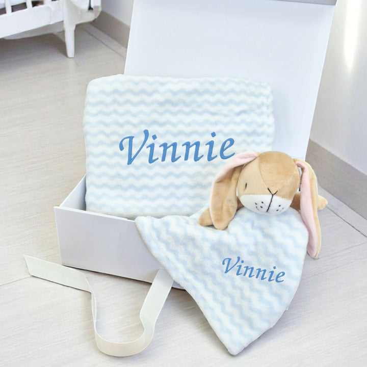 Boys Blue Stripes Bunny & Blanket Personalised Gift Hamper Set
