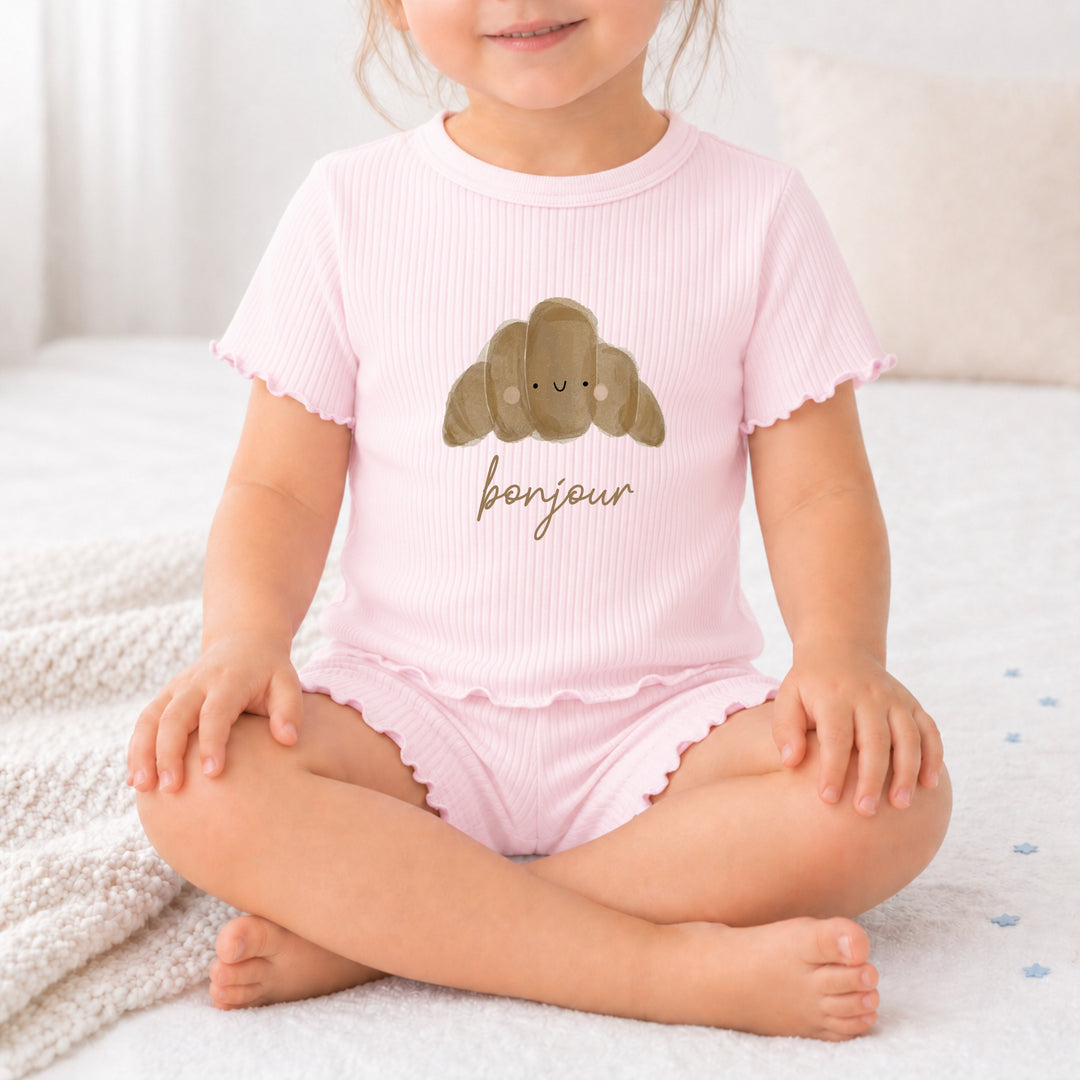 Bonjour Croissant Girls Frilly Ribbed Shorts Set