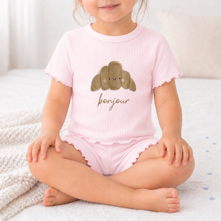 Bonjour Croissant Girls Frilly Ribbed Shorts Set