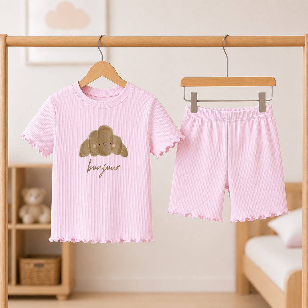 Bonjour Croissant Girls Frilly Ribbed Shorts Set